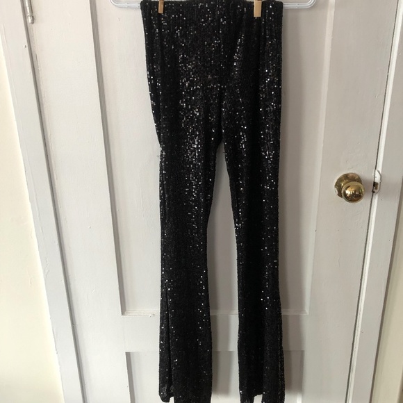 Forever 21 size exsmall black sequinned pants, wide bell bottoms, elastic waist - Picture 1 of 8